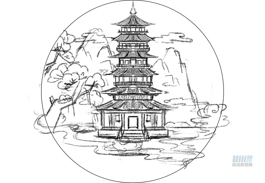 教你绘制噪点质感古风建筑插画