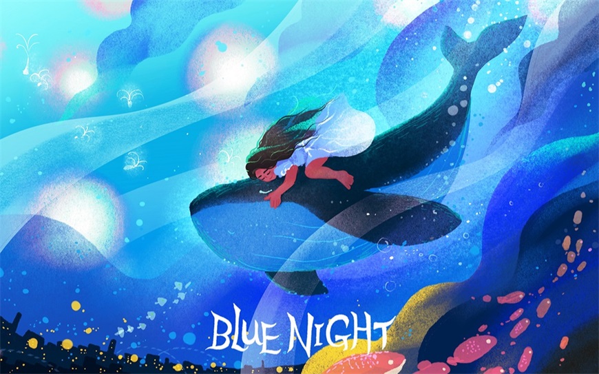 Procreate教程！「有鲸的蓝色之夜」童话风格质感插画速剪