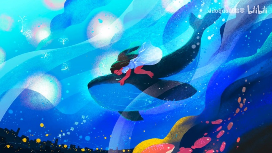 Procreate教程！「有鲸的蓝色之夜」童话风格质感插画速剪